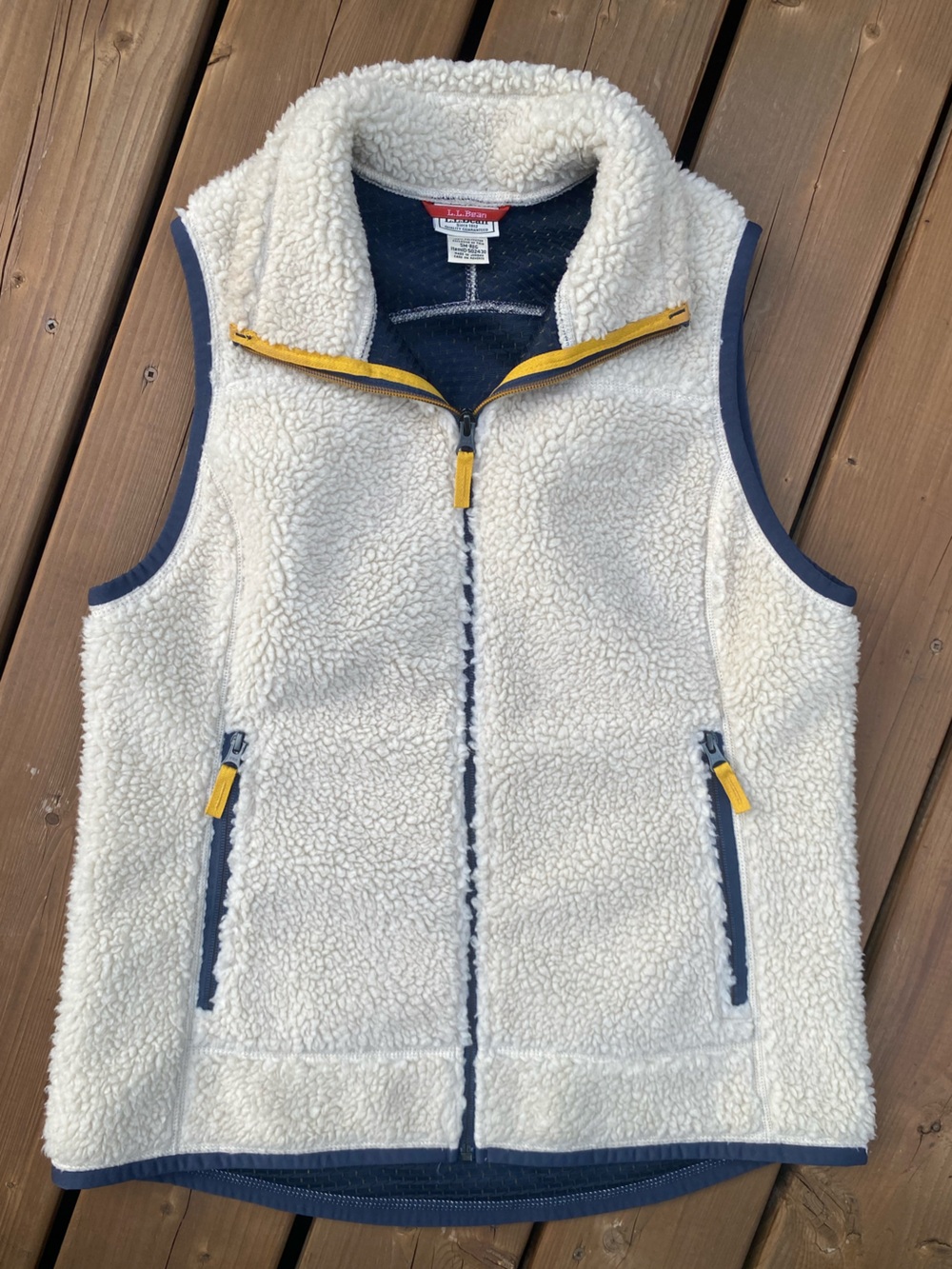 L.L. BEAN mountain pile fleece sherpa vest cream, navy blue/yellow trim small